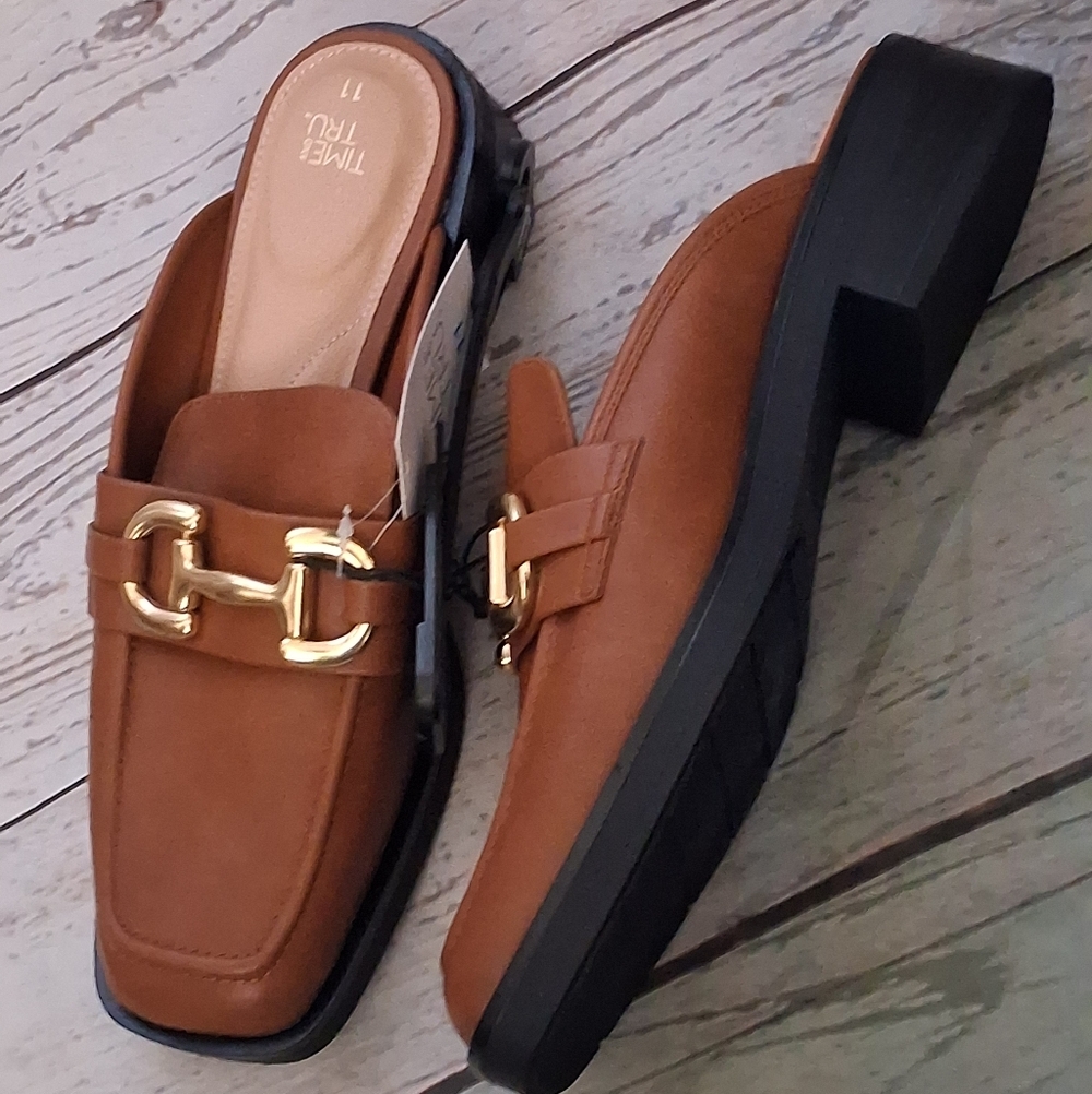 Time and Tru Brown Slip-On Mule Loafers with Gold Bit - Picture 2 of 5